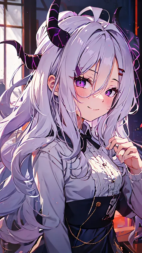 classroom,(babydoll:1.5),dynamic angle,long_hair, white_hair,purple hair, horns, bangs, purple_eyes, parted_bangs, ahoge, demon_...