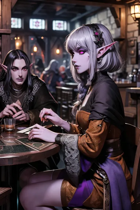 (Ultra-detailed face, looking away, Fantasy Illustration with Gothic, Ukiyo-e, Comic Art, Rich colors), 
BREAK 
(This is a world where medieval Europe meets the world of Eberron. Customers are relaxing, drinking, and eating in bars. In a corner of the bar,...