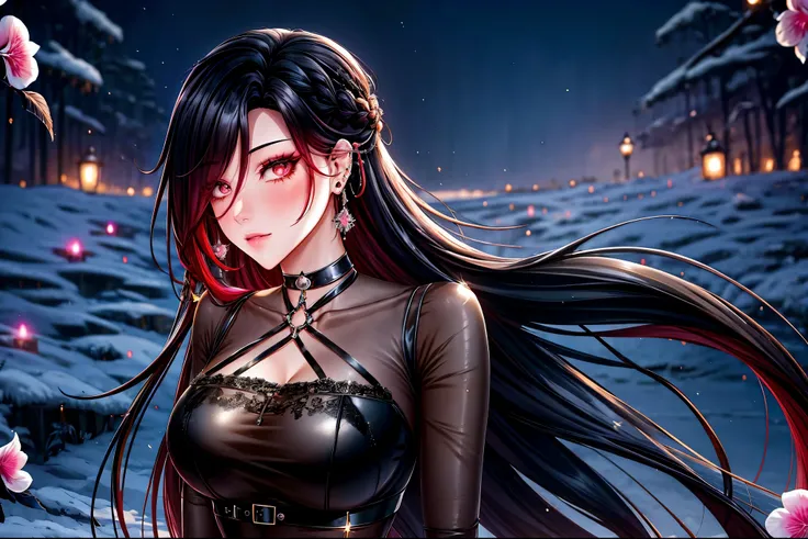shoujo style, frosty style, (romantic manhwa), 1 girl, black hair, solo, long braided hair, long braid, dress, red cyclamen eyes, mascara, makeup, elbow gloves, bra, jewelry, many ear piercings, peeper , collarbone, accessories, upper body, parted bangs, b...