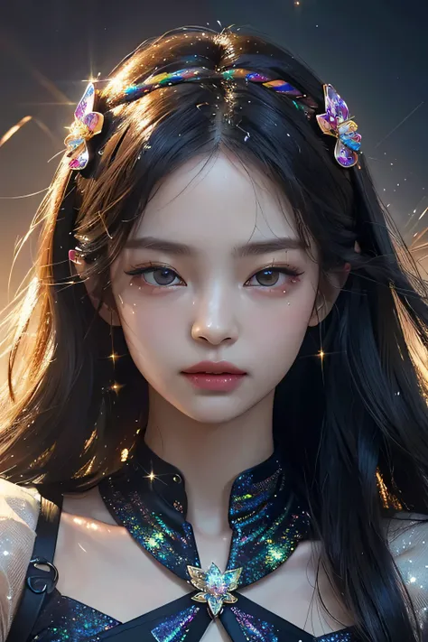 Kim jennie. a young woman with long dark hair, beautiful detailed eyes, beautiful detailed lips, extremely detailed face, longeyelashes, wearing a butterfly kimono, (best quality,4k,8k,highres,masterpiece:1.2),ultra-detailed,(realistic,photorealistic,photo...