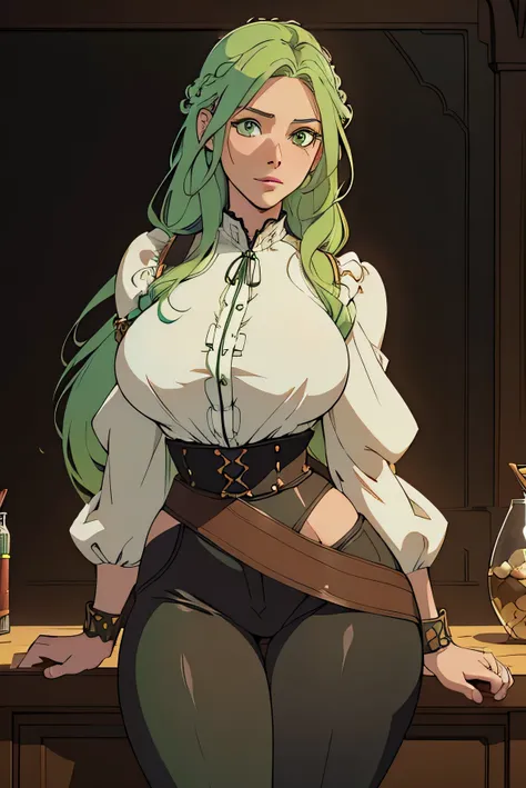 Cute Farmgirl with Braids. ((woman with light green hair, milf woman, long hair)), Perfectly round face. Beautiful cute face, Big beautiful voluptuous lips, charming beauty, ((gentle expression on your face)), ((Beautiful Big, detailed green eyes)), Waist ...