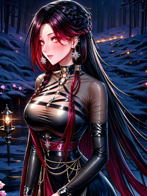 shoujo style, frosty style, (romantic manhwa), 1 girl, black cyclamen hair, solo, long braided hair, long braid, dress, red cyclamen eyes, mascara, makeup, elbow gloves, bra, jewelry, many ear piercings , viewer, collarbone, accessories, upper body, parted...