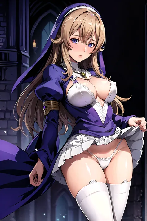 sigui (queens blade r), nun, 20yo,young female, brown long hair, bangs, green eyes, purple cape on her head, purple outfit, cleavage cutout, cleavage,[bare breasts,elect nipples], puffy sleeves, jewelry, necklace,perfect lighting,(skirt lift,upskirt),[tuck...