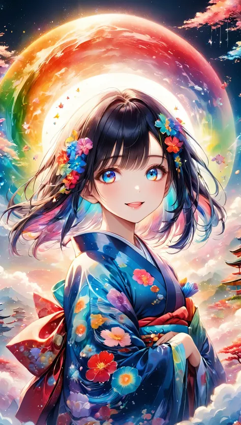 (((masterpiece))), (((Highest quality)))(, (Ultra-detailed)), A fusion of watercolor and oil painting, Psychedelic world, Commemorative photo, Japanese Kimono,cute, beautiful girl, Lolita, 15-year-old girl, 1 cute girl, (Look forward), (Looking at this), (...