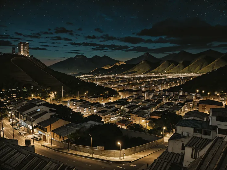 Brazilian favela, 3 large hills surrounding it in the background, houses, small buildings, staircase, slopes, hills, small market, park in the center, view of the big city in the distance, with large skyscrapers, cinematic lighting, wide shot, atmospheric ...