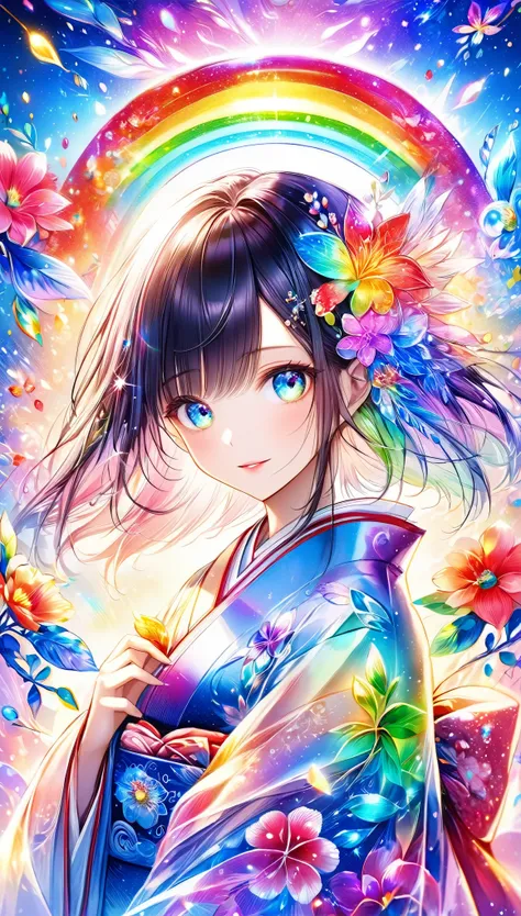 (((masterpiece))), (((Highest quality)))(, (Ultra-detailed)), A fusion of watercolor and oil painting, Psychedelic world, Commemorative photo, Japanese Kimono,cute, beautiful girl, Lolita, 15-year-old girl, 1 cute girl, (Look forward), (Looking at this), (...