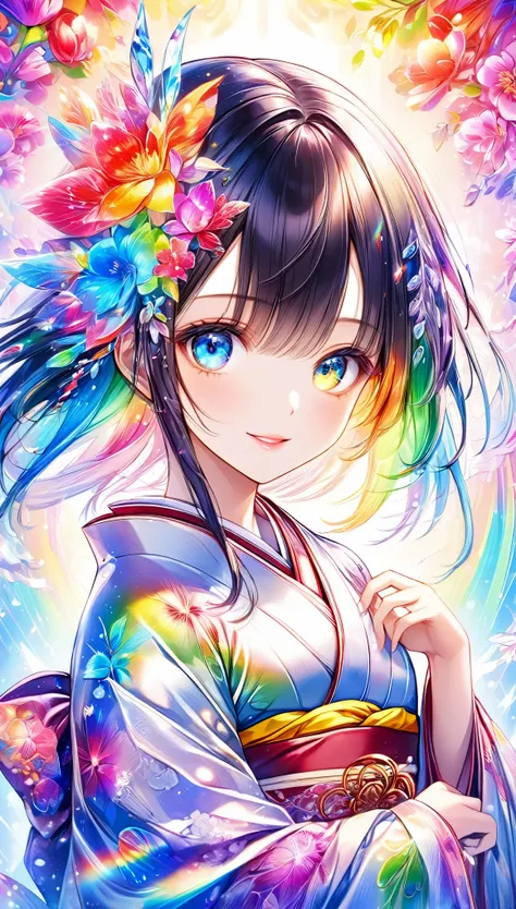 (((masterpiece))), (((Highest quality)))(, (Ultra-detailed)), A fusion of watercolor and oil painting, Psychedelic world, Commemorative photo, Japanese Kimono,cute, beautiful girl, Lolita, 15-year-old girl, 1 cute girl, (Look forward), (Looking at this), (...