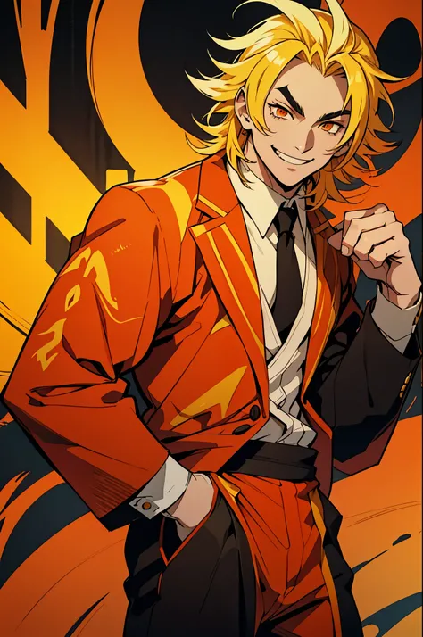 white young man, blonde hair with red highlights, orange eyes, rengoku eyebrows, smile, black Coach, black and yellow pants, arrogant smile, medium hair, messy hair, 1980 outfit