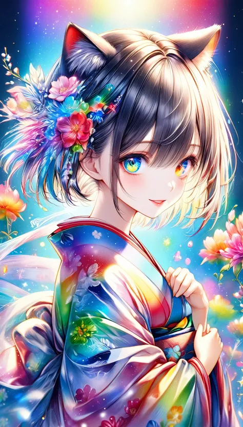 (((masterpiece))), (((Highest quality)))(, (Ultra-detailed)), A fusion of watercolor and oil painting, Psychedelic world, Commemorative photo, Japanese Kimono,cute, beautiful girl, Lolita, 15-year-old girl, 1 cute girl, (Look forward), (Looking at this), (...