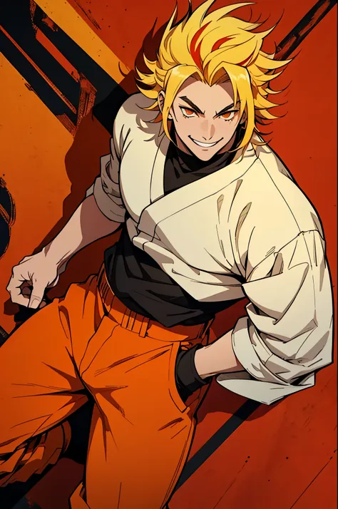 white young man, blonde hair with red highlights, orange eyes, rengoku eyebrows, smile, black coach, black and yellow pants, arr...