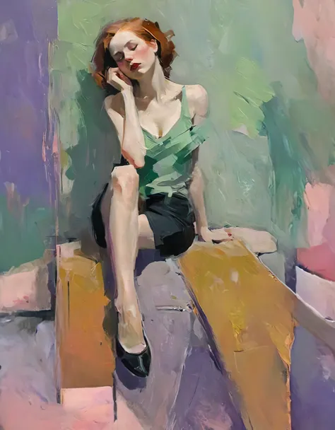 create a portrait of a young woman in a semi-reclining pose with a pensive expression. use a painterly style inspired by malcolm...