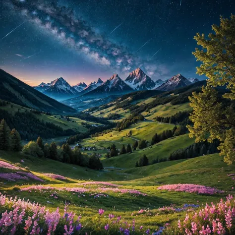 Beautiful night landscape with mountains and trees and flowers artwork of the highest quality 8k 