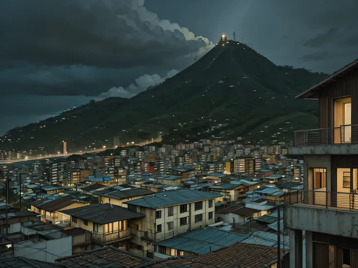 Brazilian favela, morning, houses, small buildings, staircase, slopes, hills, view of the big city in the distance, with large skyscrapers, cinematic lighting, wide shot, atmospheric perspective, perspective, UHD, masterpiece, accurate, anatomically correc...