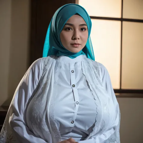 50 years Old, Hijab Indonesian mature woman, Big Tits : 66.9, Gamis, Breast out from her clothes : 1.9, at doctor office, Dark light, at Nighttime