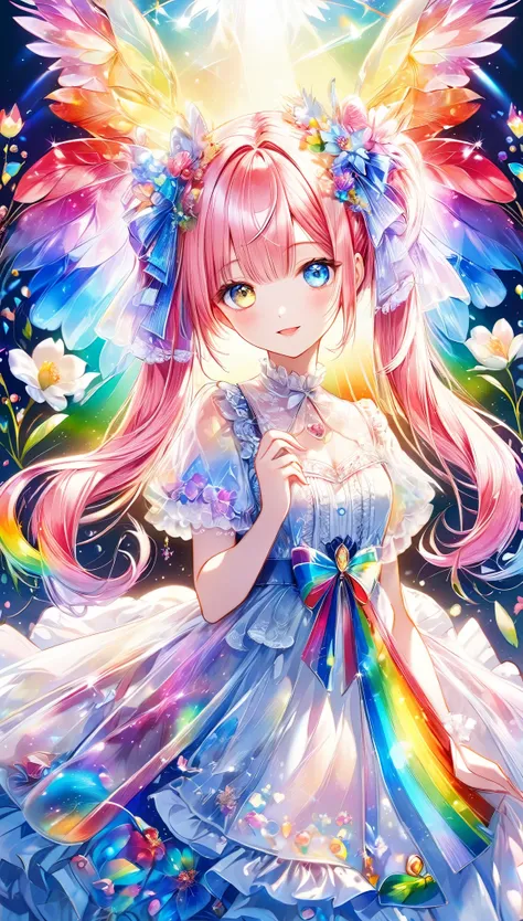 (((masterpiece))), (((Highest quality)))(, (Ultra-detailed)), A fusion of watercolor and oil painting, Psychedelic world, Commemorative photo, White Dress、super precision embroidery, See-through lace, ribbon, see-through frill,cute, beautiful girl, Lolita,...