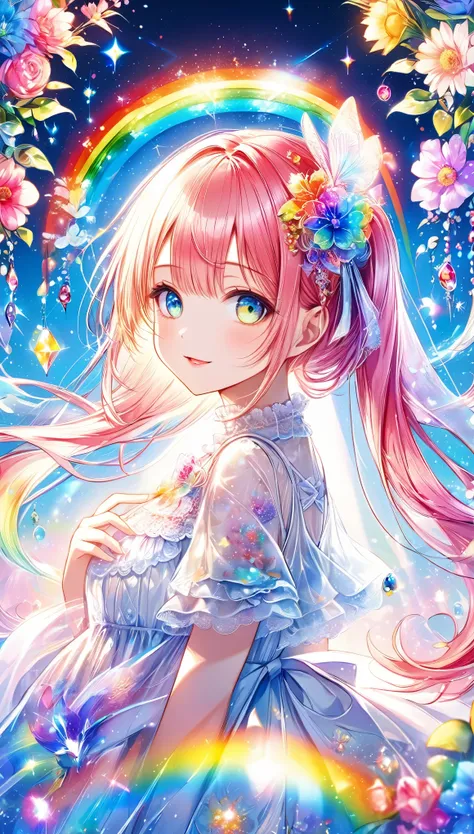(((masterpiece))), (((Highest quality)))(, (Ultra-detailed)), A fusion of watercolor and oil painting, Psychedelic world, Commemorative photo, White Dress、super precision embroidery, See-through lace, ribbon, see-through frill,cute, beautiful girl, Lolita,...