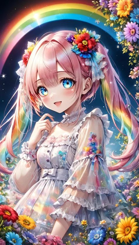 ((masterpiece))), (((Highest quality)))(, (Ultra-detailed)), A fusion of watercolor and oil painting, Psychedelic world, Commemorative photo, White Dress、super precision embroidery, See-through lace, ribbon, see-through frill,cute, beautiful girl, Lolita, ...