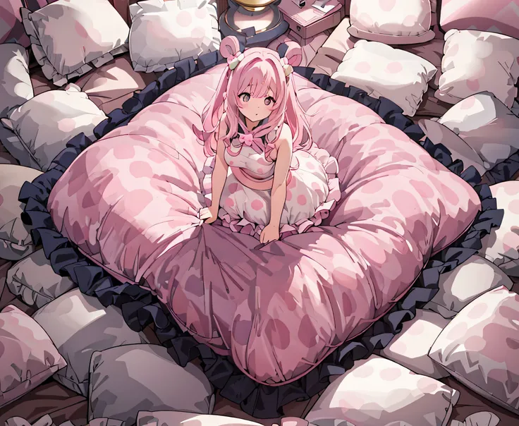 （best quality， masterpiece），full body, 1 girl, solo, mine ,nsfw, details, (Light and shadow oxtail , Cute girl posing on pillow ，standing on pillow, frilled pillow, lace pillow, large pillow，（pillow), pink hair, (((pink polkadot pillow)))