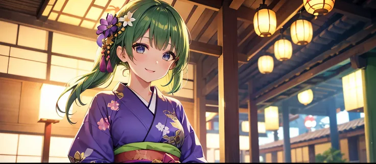 girl, green hair, flower detail in her hair, violet yukata with gold details, Japanese festival background, cinematic lighting, happy expression, high definition, American flat style photography.