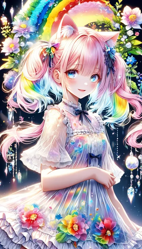 (((masterpiece))), (((Highest quality)))(, (Ultra-detailed)), A fusion of watercolor and oil painting, Psychedelic world, Commemorative photo, White Dress、super precision embroidery, See-through lace, ribbon, see-through frill,cute, beautiful girl, Lolita,...