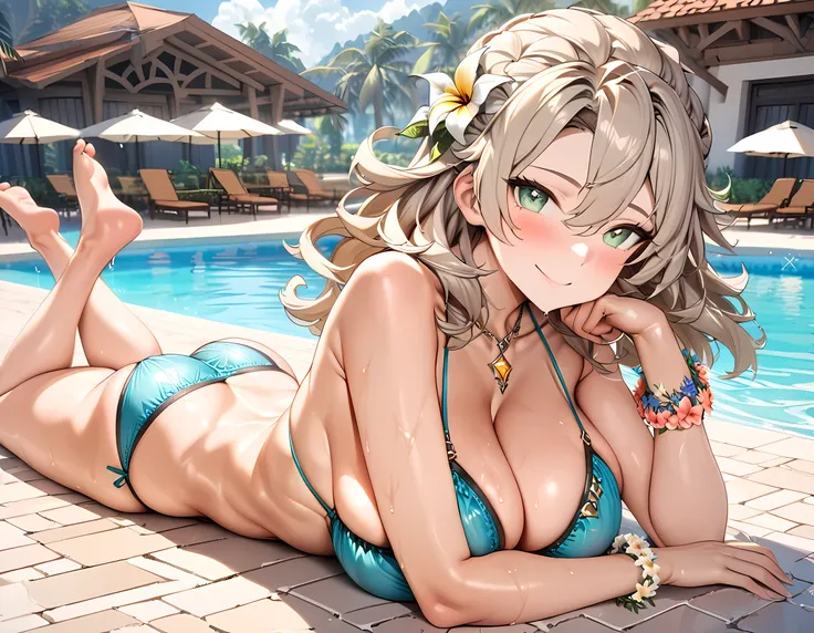 (masterpiece), best quality, expressive eyes, perfect face,1girl,albedo,genshin impact,big breasts,sexy bikini,sexy clothes,poolside,sitting,hair flower,blush,beach resort,legs crossed,sexy pose,(bare shoulders),flower bracelets,smile,mouth open,looking at...