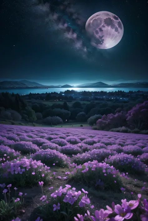 environment with a purple tone, mountains on the background, sea and a surface with flowers, night with a big, bright moon in the starry sky