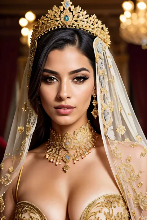 realistic portrait of an extremely beautiful Brazilian woman of royalty, detailed facial features, piercing eyes, elegant long eyelashes, beautiful lips, delicate nose, intricate royal jewelry, ornate headdress, lavish palace interior, golden accents, wear...