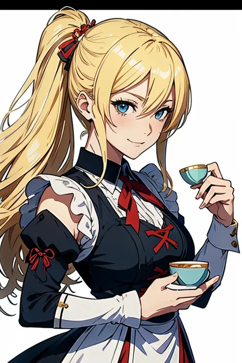 anime style, medieval anime, middle aged maid, blonde hair, biting lips, excited expression, holding cup of tea, extremely detailed character, white background