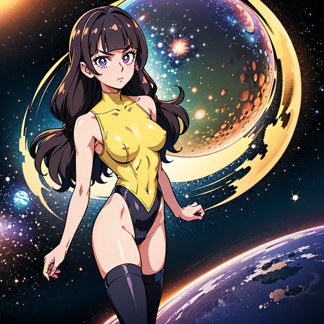 (1 girl), (solo), ((amanogawaki)), best quality, highres, high quality, 8k, HD, super detail, anatomically correct, UHD, accurate, (masterpiece:1.0), (high quality:1.0), (ultra detailed), (Planets on a Galaxy background), Purple Eyes, Looking At viewer, Se...