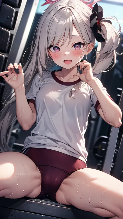 1girl,mutsukidef,(chibi:1.2),gray hair,long hair,side ponytail, (white gym shirt, short sleeve,gym uniform,dark blue buruma:1.3),wet,sweat,Hair Ornaments,halo,open mouth, embarrassed ,blush,(cameltoe:1.3),masterpiece,Noise Reduction,perfect anatomy,high re...