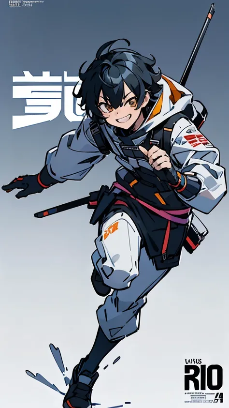 サイバーパンク, オーバーサイズパーカー, Wearing big sneakers, whole body, Simple Background, Magazine cover style, mecha} themed characters, blackのイメージカラー, Cheerful man, Running, short hair, tsurime, skin fang, grin, tachi-e, projected inset, UHD, best quality, highres, 8k