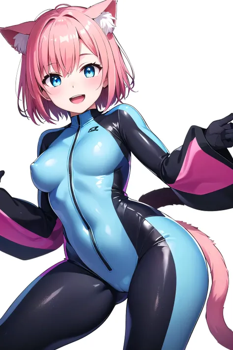 girl,boyish, very short hair, pink Hair, medium Breasts,Black glossy tight suit,Cowboy Shot,blush,sexy face,blue eyes,front leg pose,Tight fit,clearly,Striped pattern, (white background:1.3), cat ears, cat tail, (open mouth:1.2),  (smile:1.3)
