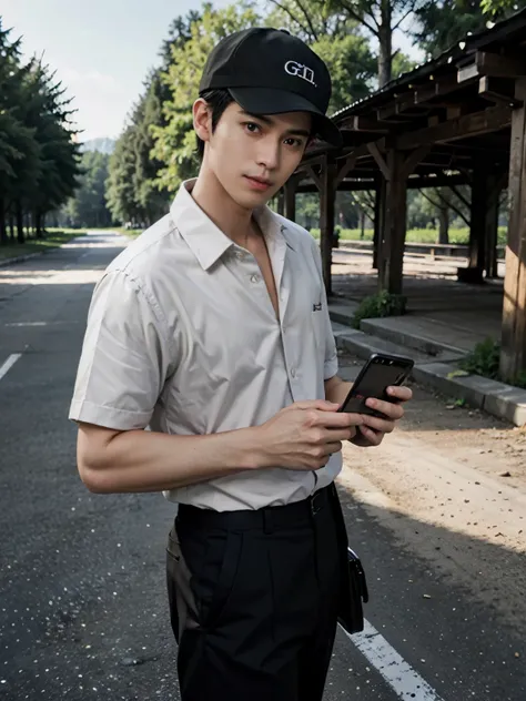 top quality, one handsome guy, wearing open collar shirt, wide slacks, baseball cap, have an (iphone:1.2), holding a camera, 35m...