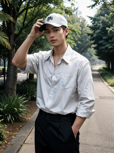 top quality, one handsome guy, wearing open collar shirt, wide slacks, baseball cap, have an (iphone:1.2), holding a camera, 35m...