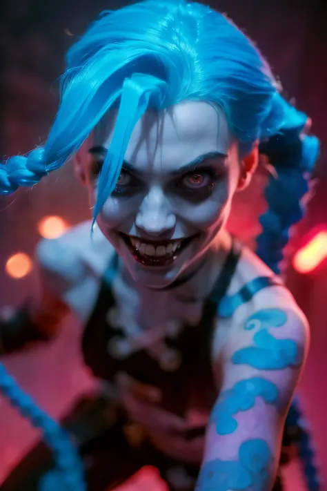 hyper realistic super detailed jinx cosplay ,(( young girl, 15 years old)) , very detailed, (hyper realistic: 1.4), ((in dynamic...