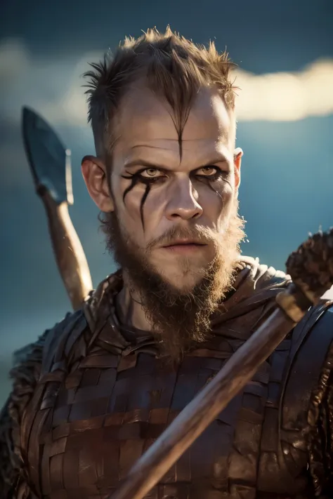 hyper realistic, ultra detailed, cinematic posterof floki a viking warrior, old man, 50 years old, black makeup on eyes, beard, ...