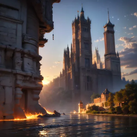 (8k, highest quality, masterpiece, final fantasy style: 1.2), (unRealistic, photoRealistic: 1.37), Dreamy landscape, Fantasy, Unsurreal landscapes, Super detailed, Flying Castle, Floating Island in the Sky, Seven-colored swirl of light, Intense lightning, ...
