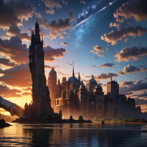 (8k, highest quality, masterpiece, final fantasy style: 1.2), (unRealistic, photoRealistic: 1.37), Dreamy landscape, Fantasy, Unsurreal landscapes, Super detailed, Flying Castle, Floating Island in the Sky, Seven-colored swirl of light, Intense lightning, ...