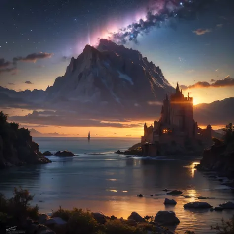 (8k, highest quality, masterpiece, final fantasy style: 1.2), (unRealistic, photoRealistic: 1.37), Dreamy landscape, Fantasy, Unsurreal landscapes, Super detailed, Flying Castle, Floating Island in the Sky, Seven-colored swirl of light, Intense lightning, ...