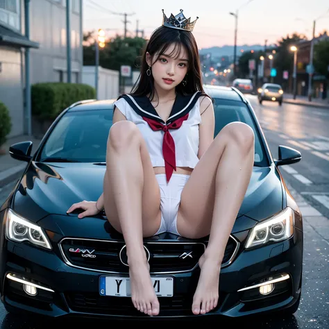 SFW, (Closeup from Crotch to Face) ExtremelyDetailed (SchoolGirl Lean against the Car) Spread Knees Up, perfect face, Brilliant(Tiny Crown), Detailed(Delicate Clothing textures) Sailor Uniform with Red Ribbon (((WhitePanties))), PerfectHand with Childish 4...