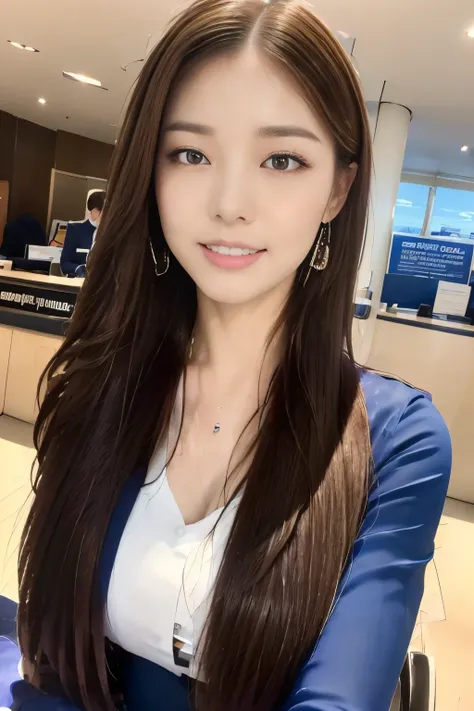 ((Highest quality, 8k, masterpiece: 1.3)), concentrated: 1.2, Perfect beauty: 1.6, Astock: 1.3, ((Straight Hairstyles), (Flight attendant uniform: 1.1), (evening, Airport reception counter), Highly detailed face and skin texture, Narrow eyes, double eyelid...