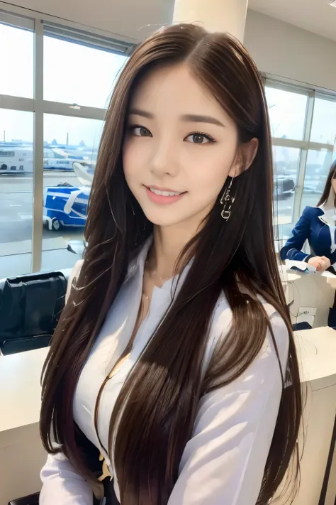 ((Highest quality, 8k, masterpiece: 1.3)), concentrated: 1.2, Perfect beauty: 1.6, Astock: 1.3, ((Straight Hairstyles), (Flight attendant uniform: 1.1), (evening, Airport reception counter), Highly detailed face and skin texture, Narrow eyes, double eyelid...