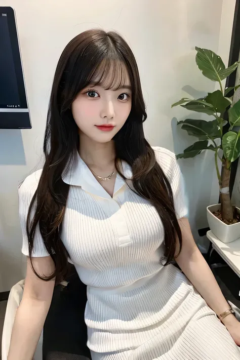 Black straight long hair、She is wearing a white collared knit dress、Sitting