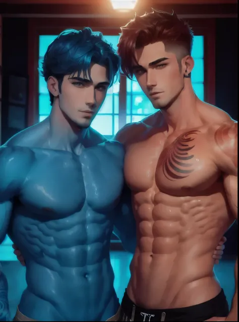 2 handsome guys, wearing no shirt, defined body, swirly vibrant colors, boyfriends  