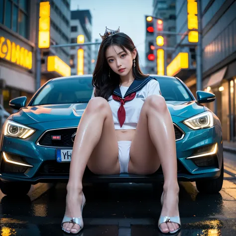 SFW, (Closeup from Crotch to Face) ExtremelyDetailed (SchoolGirl Lean against the Car) Spread Knees Up, perfect face, Brilliant(Tiny Crown), Detailed(Delicate Clothing textures) Sailor Uniform with Red Ribbon (((WhitePanties))), PerfectHand with Childish 4...