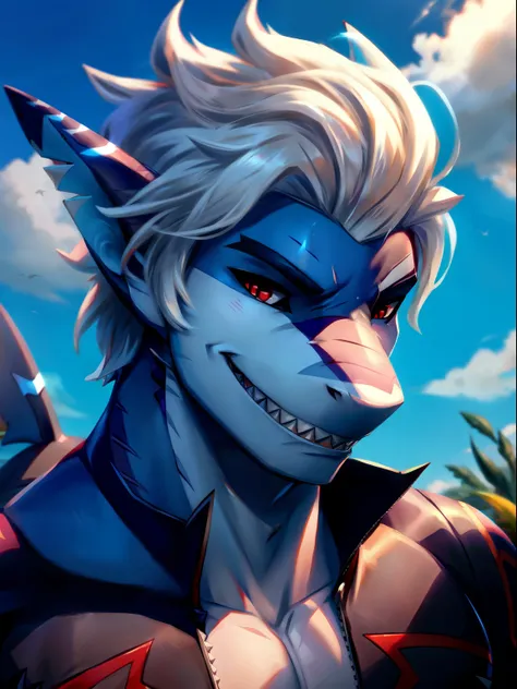 solo, astarion, an anthro male shark, shark boy, red eyes, white shark, outdoors, smiling, shark teeth