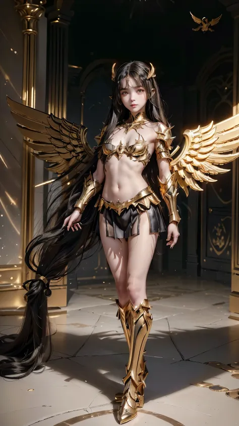 arafed woman in a black and gold outfit with wings, angel knight girl, angel in plastic armor, angel knight gothic girl, by Yang J, beautiful cyborg angel girl, as a mystical valkyrie, wlop rossdraws, chengwei pan on artstation, full - body majestic angel,...