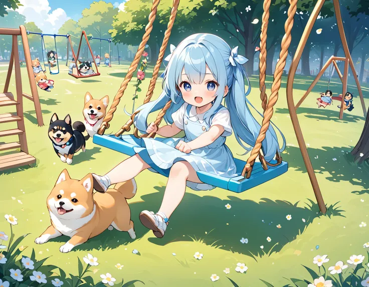 Light blue long hair、Twin-tailed Girl、A park full of grass and flowers、There are slides and swings、Five little characters playing、My beloved Shiba Inu dog is running around happily.、