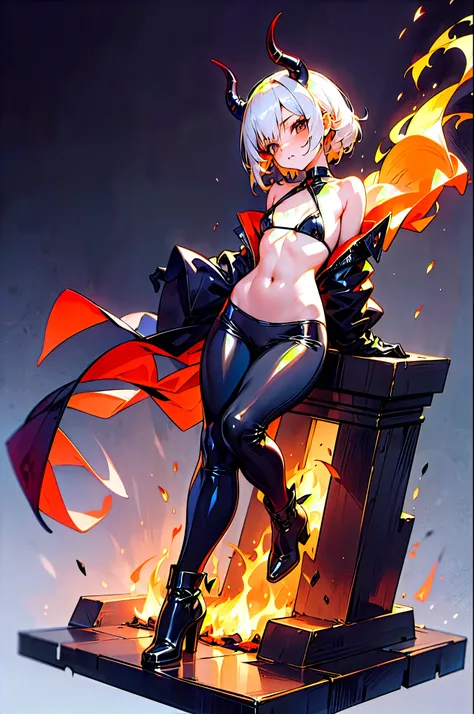 (masterpiece), a demon girl in a black latex bikini, latex boots, latex pants, demon horns, high heels, black gloves, seductive, bare shoulders, bare belly, slim, ((skinny)), beautiful face, hell background, fire, flames, (long shot), full body, isometric