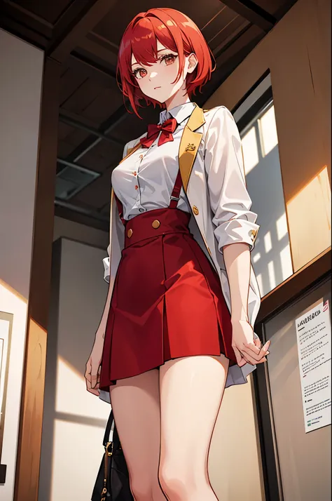 1woman, tall, red hair, short hair, gold eyes, lab coat, button down shirt, skirt, standing on ground, high res, ultra sharp, 8K, masterpiece